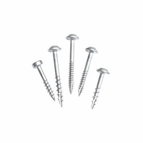 Five silver pan head wood screws for woodworking projects on white background