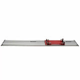 Aluminum track saw guide rail system with red adjustable base for precise woodworking cuts