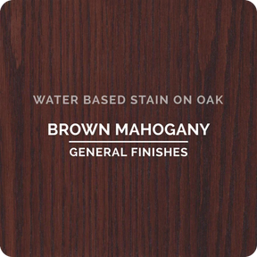 Brown mahogany water-based wood stain sample on oak with visible wood grain.