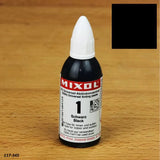 Mixol universal tinting paste black bottle on wooden surface, woodworking finish supplies