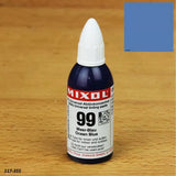 Mixol universal tinting paste 99 Ocean Blue bottle on wood surface with blue color swatch
