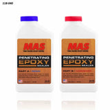 Penetrating epoxy sealer kit with resin and hardener bottles for woodworking and wood repair