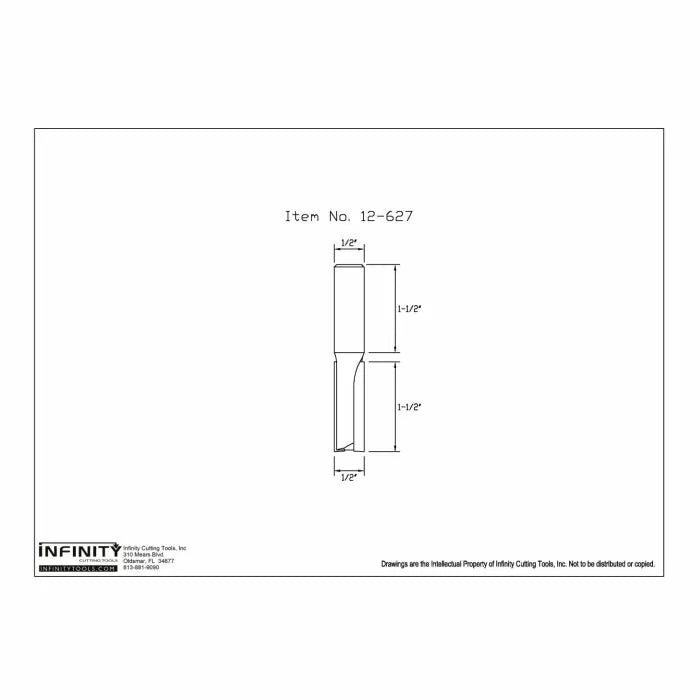 Technical drawing of a 1/2 inch straight router bit with 1-1/2 inch cut length.