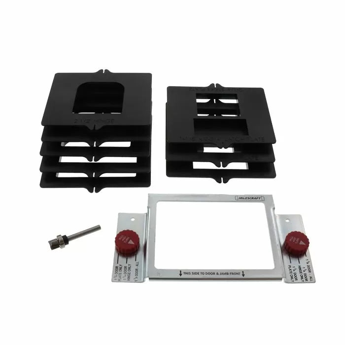 Woodworking hinge mortise jig set with router bit and templates on white background