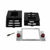 Woodworking hinge mortise jig set with router bit and templates on white background