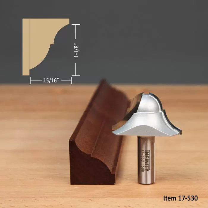 Woodworking router bit with crown molding profile, wood sample, and measurements