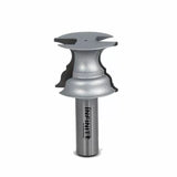 Woodworking router bit with silver carbide cutting edges, cylindrical shank, isolated on white