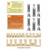 Dovetail router bits with safety tips and various full-size dovetail joint profile diagrams.