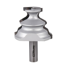 Carbide-tipped router bit for woodworking with decorative profile and infinity logo