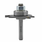 Carbide router bit with bearing and washer, woodworking tool on white background