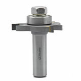 Carbide woodworking slot cutting router bit with bearing and hex nut, isolated on white background.