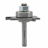Carbide woodworking router bit with bearing and cutting blades, used for precise joinery.