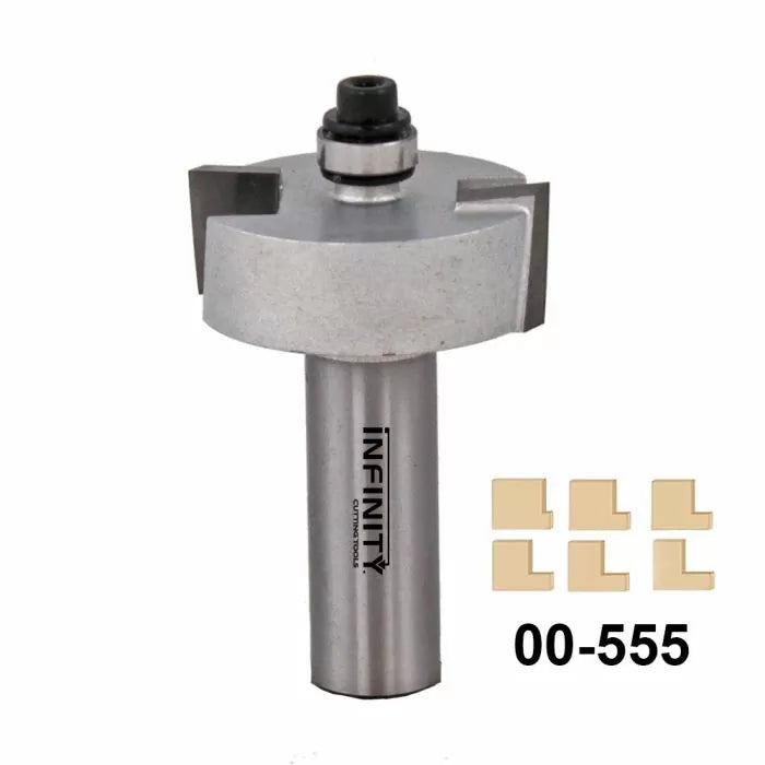 Slot cutting router bit with bearing, Infinity logo on shank, and five sample joint shapes labeled 00-555