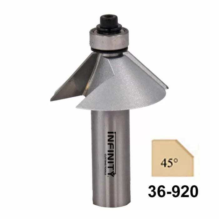 45-degree chamfer router bit with carbide blades, labeled 36-920, for woodworking joints