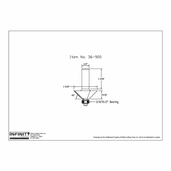 Router bit technical diagram with item number 36-920, labeled measurements and bearing size.