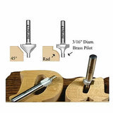 Woodworking router bits with 3/16 inch brass pilot for routing edges and sharp corners in wood.