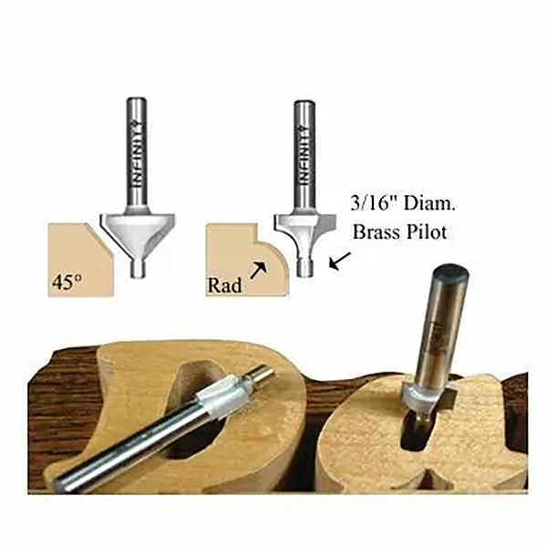 Woodworking router bits with brass pilot cutting decorative edges on wooden letters