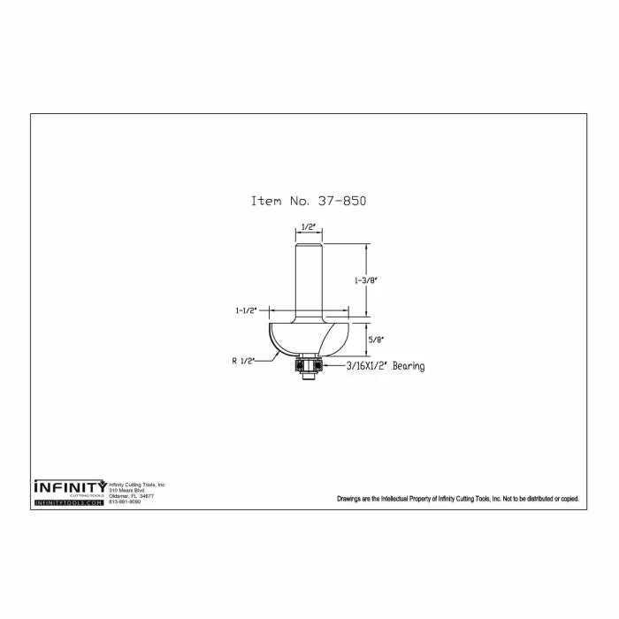 Technical drawing of woodworking router bit with dimensions and bearing details, item 37-850.