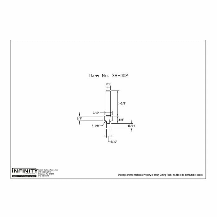 Router bit technical drawing with measurements, labeled Item No. 38-002.