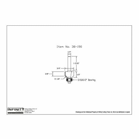 Technical drawing of a router bit with measurements and labeled 3/16 x 1/2 inch bearing.