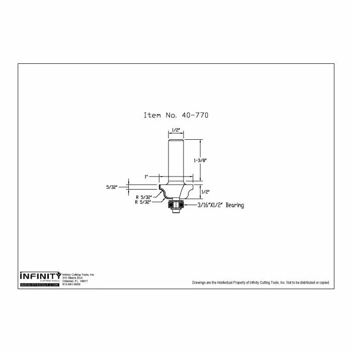 Router bit technical drawing with detailed measurements and labeled bearing size.