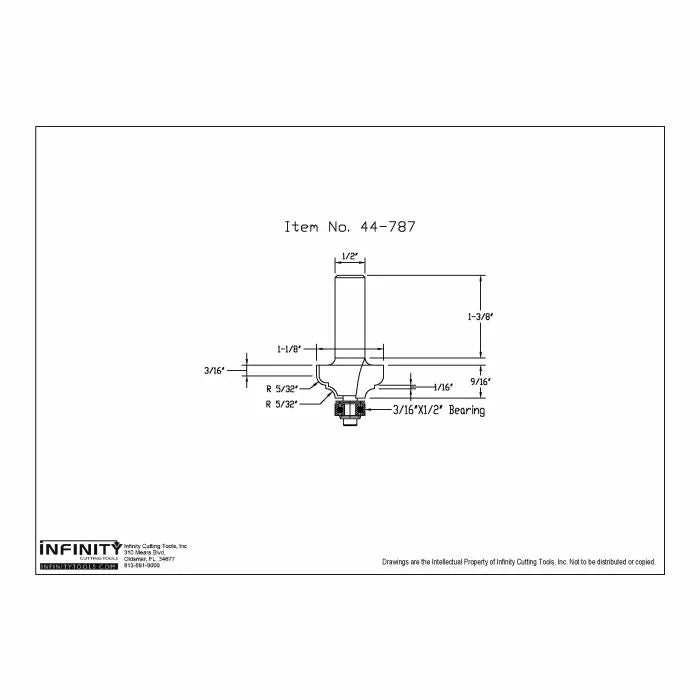 Technical drawing of router bit with measurements, item number 44-787, woodworking tool.