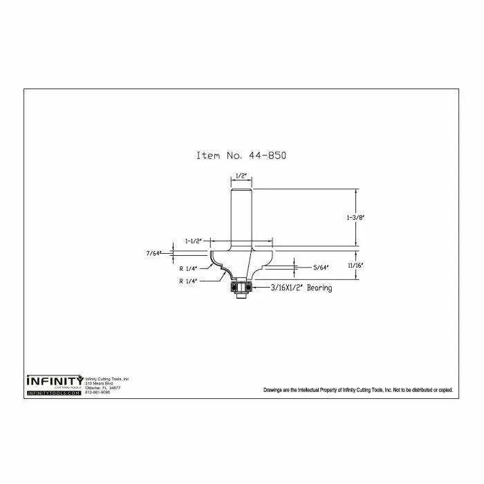 Technical drawing of a router bit with precise measurements and labeled features.