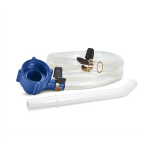 Clear tubing kit with blue fitting, shut-off valves, gasket, and white spout for woodworking dust collection.