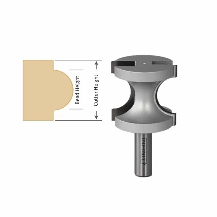 Round bead router bit with diagram showing bead and cutter height for woodworking