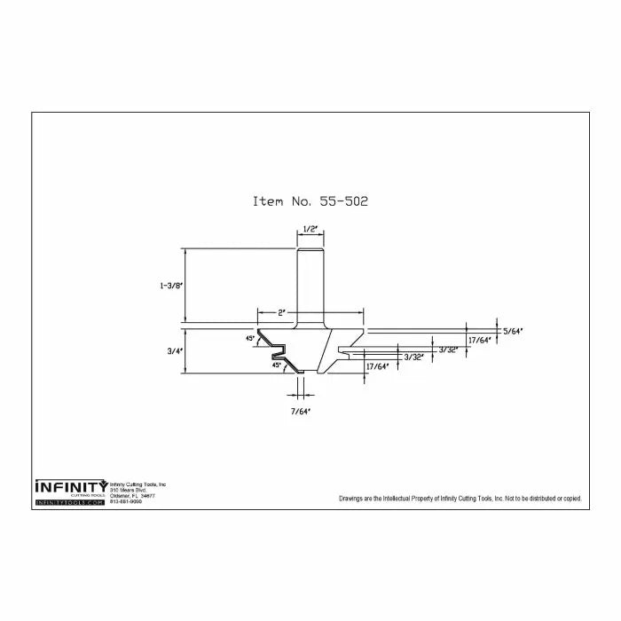 Technical drawing of woodworking router bit profile with detailed dimensions, labeled item 55-502.