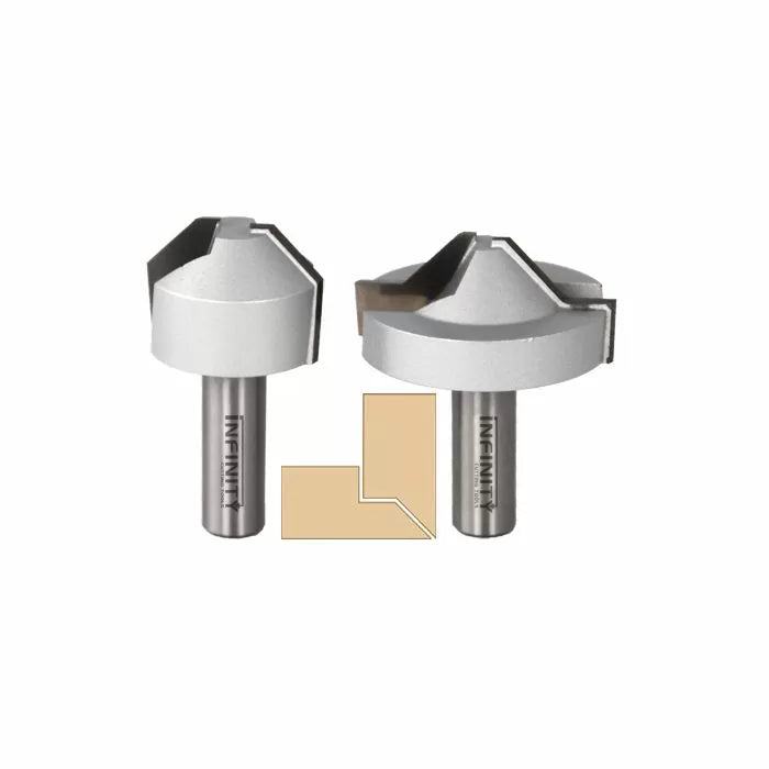 Carbide chamfer router bits for woodworking with cutaway corner diagram