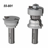 Two silver rail and stile router bits for woodworking, labeled 55-801, on white background.