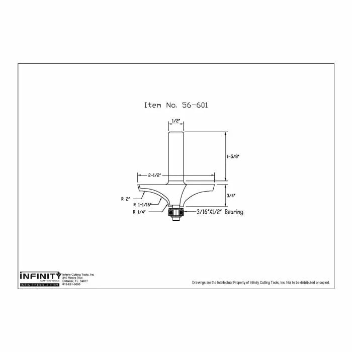 Technical drawing of a router bit with measurements, labeled item No. 56-601, woodworking tool