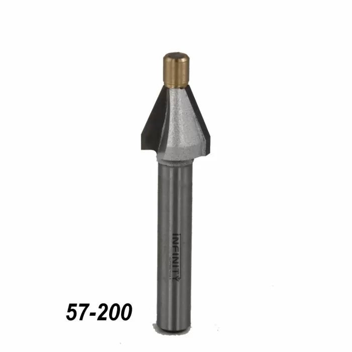 Carbide-tipped V-groove router bit with guide bearing, woodworking tool, code 57-200