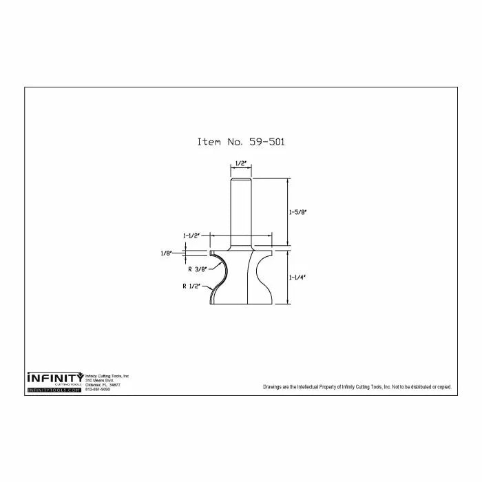 Router bit technical drawing with labeled dimensions, item number 59-501, woodworking tool