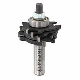 Stacked router bit set with carbide blades and ball bearing for woodworking.