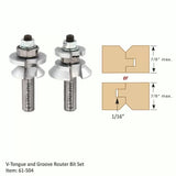 61-504 V-tongue and groove router bit set with joint diagram showing 7/8 inch maximum stock thickness