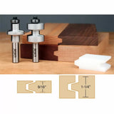 Woodworking router bits with sample joints and cutaway diagrams for drawer lock joinery.