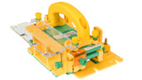 A yellow and green push block on a white background.