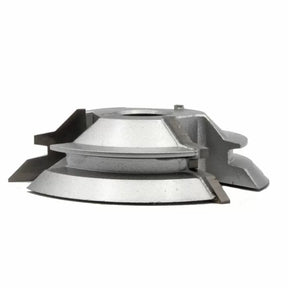 Carbide-tipped shaper cutter head for woodworking, isolated on white background.