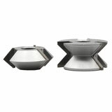 Set of two steel woodworking shaper cutters with sharp, angled blades for joinery cuts