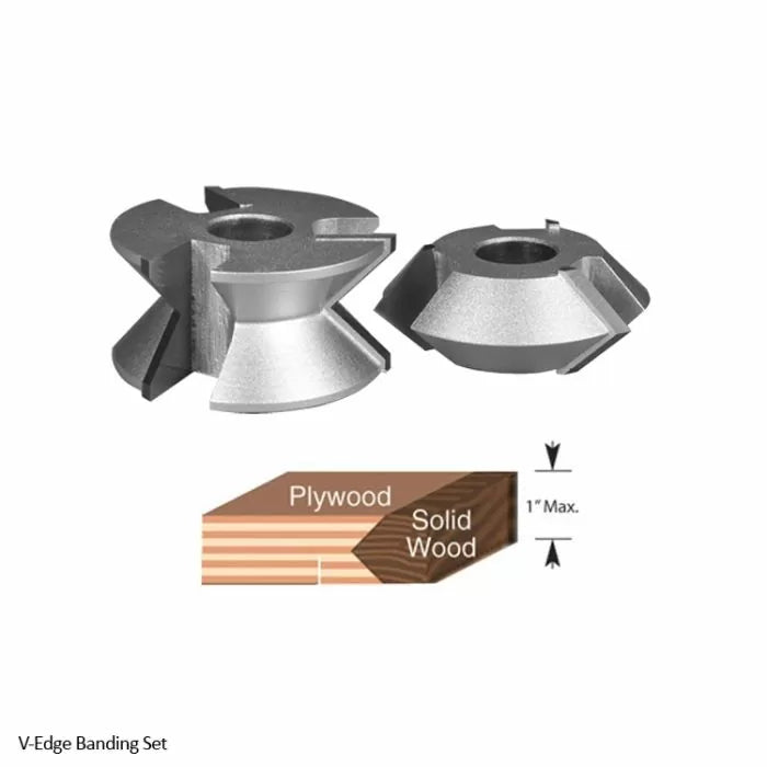 V-edge banding router bit set with diagram for joining plywood and solid wood edging