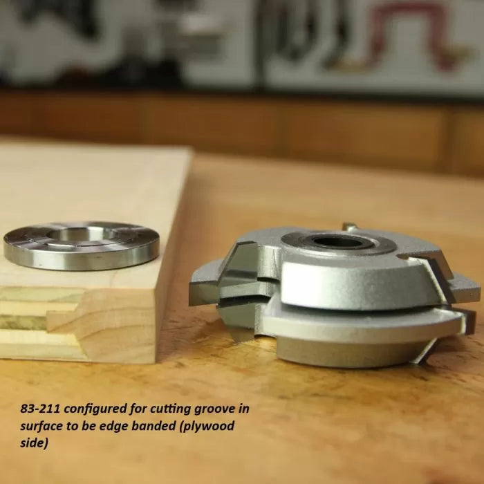 Groove cutting router bit and plywood with groove, woodworking tool setup for edge banding