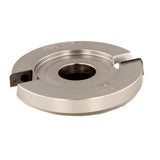 Steel woodworking shaper cutter head with two carbide cutting blades on white background