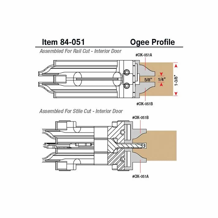 Ogee profile router bit diagram for rail and stile cuts on interior doors, item 84-051.