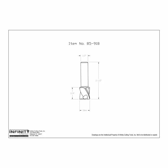 Technical drawing of spiral router bit, item 85-918, with measurements for woodworking.