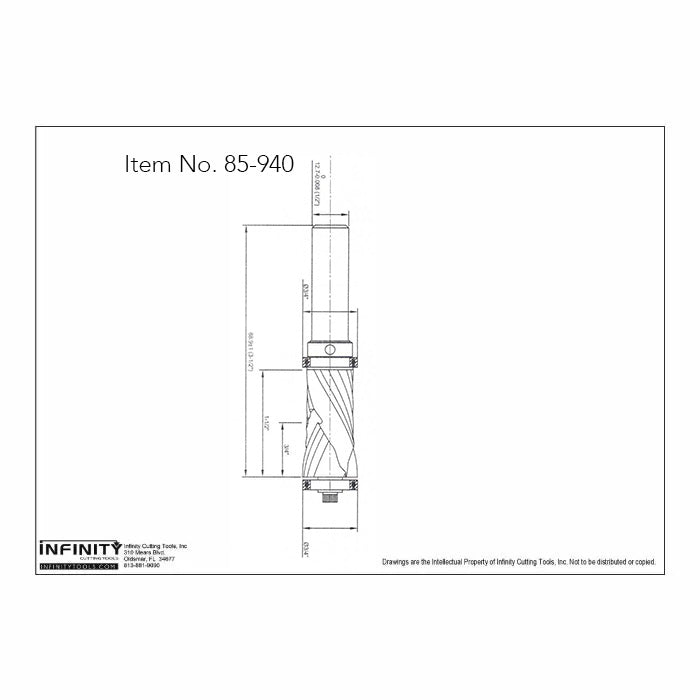 Technical drawing of spiral router bit with measurements, labeled item number 85-940.