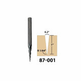 Tapered spiral router bit with 6.2-degree angle, 1 inch cut depth, and diagram.