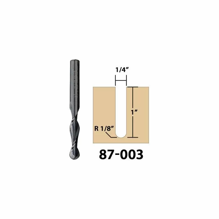 1/4 inch spiral router bit with diagram showing cut depth and radius, woodworking tool