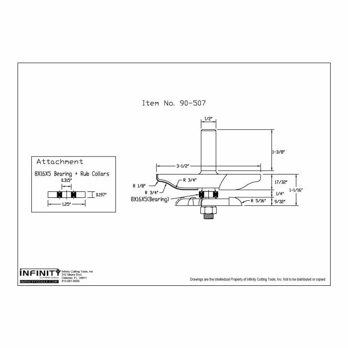 Technical drawing of woodworking router bit with measurements and bearing attachment details